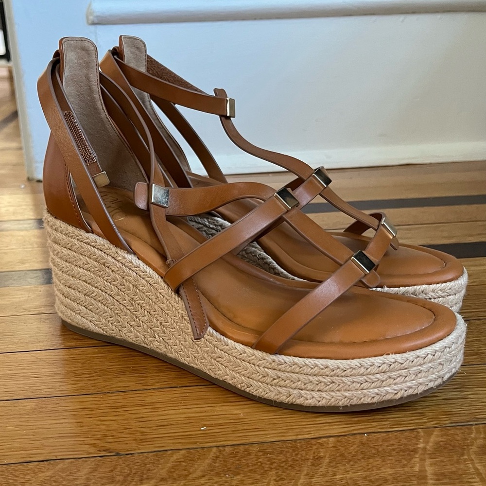 Franco Sarto Cognac Leather Espadrille Wedge Sandals